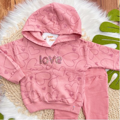 Conj. Casaco de Moletom Love com Capuz e Calça Legging Flare - Rose